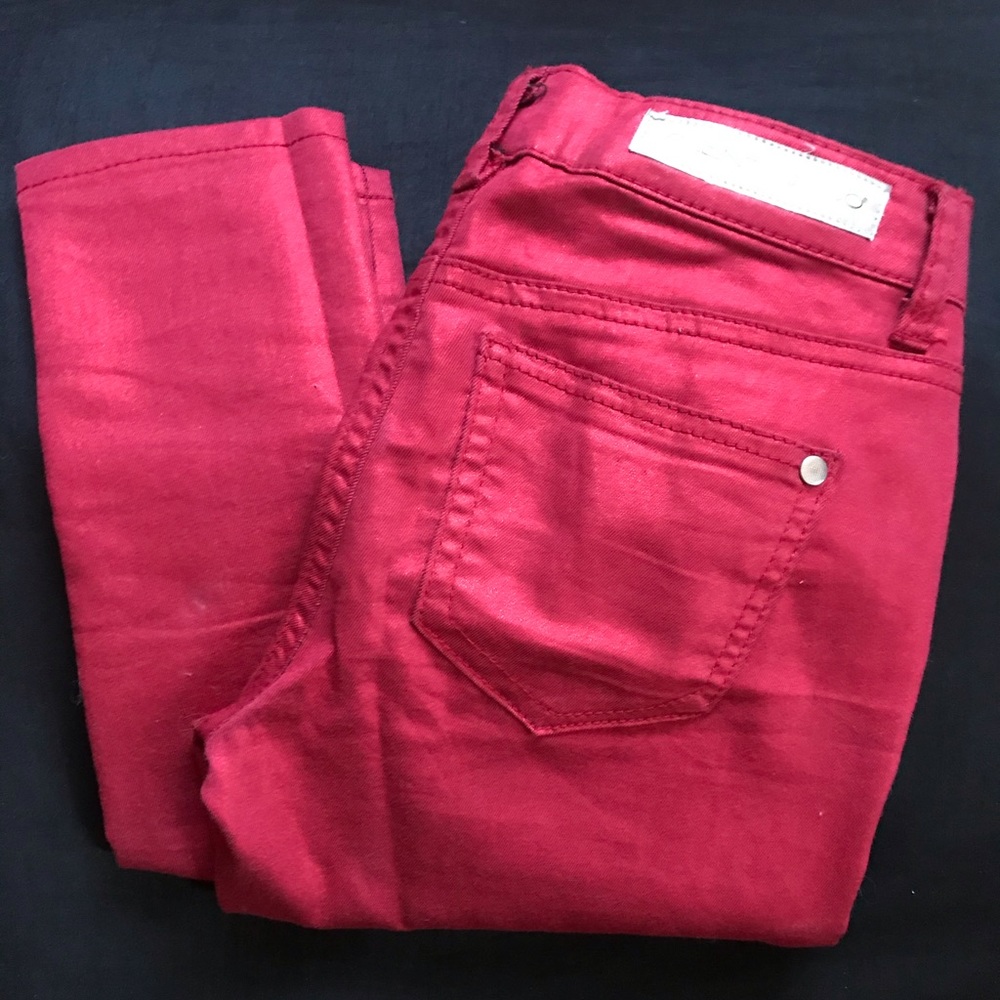 Silent Disco Red shiny skinny Jeans. Mid rise.